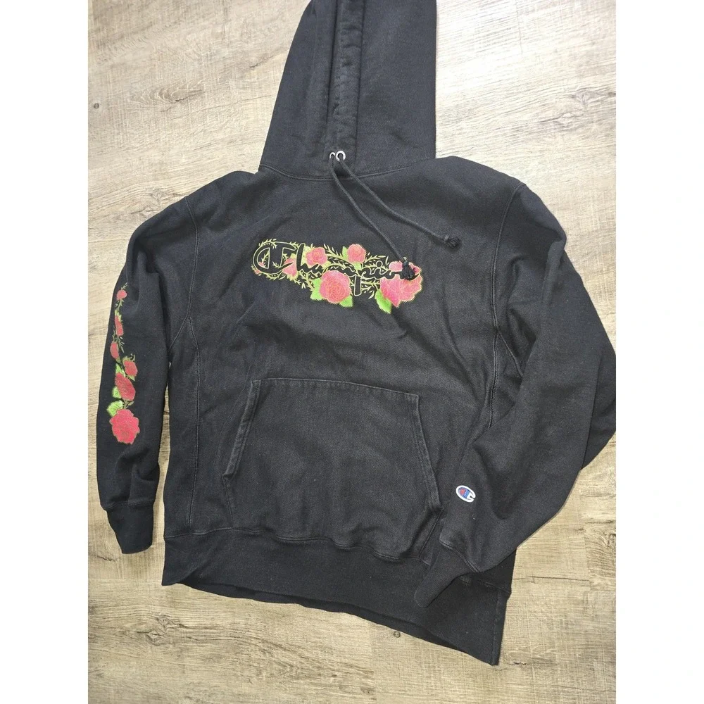 Champion Reverse Weave Rose Graphic Hoodie Black Oversized Large Y2K era